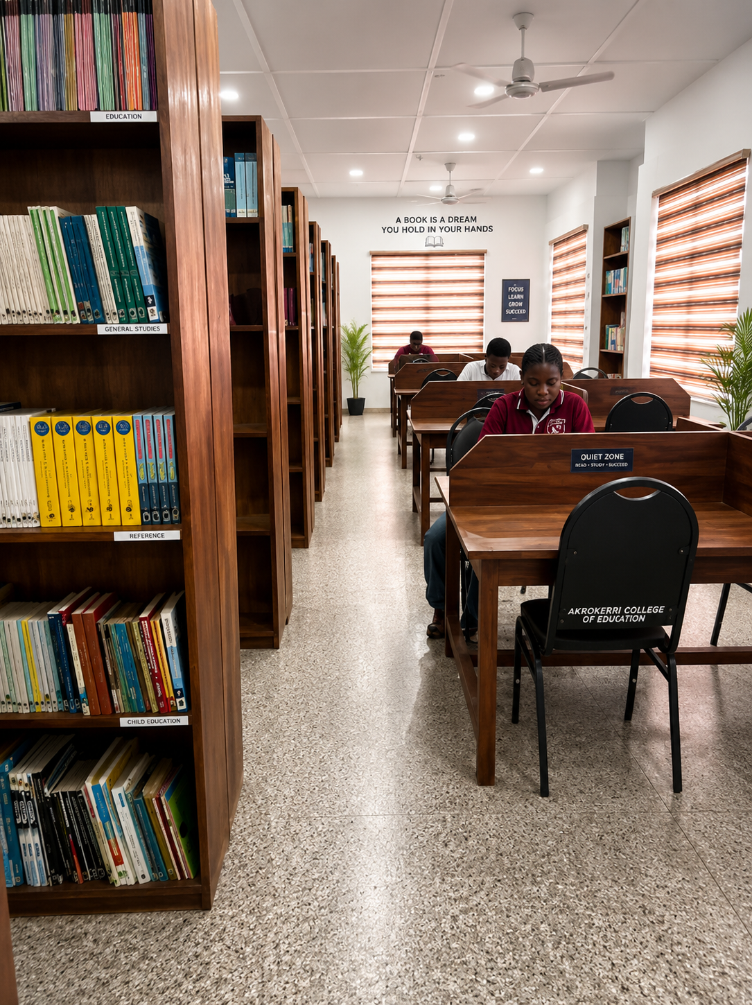 Students reading in the Akrokerri College of Education library